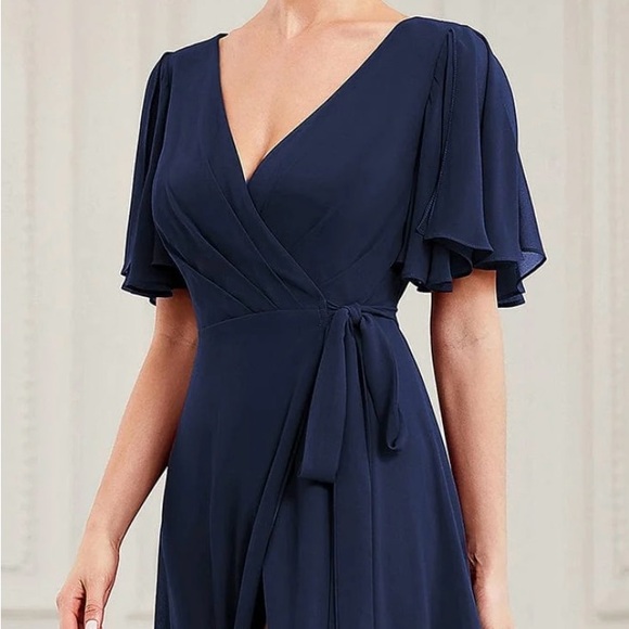 Tie Waist High Slit Flutter Sleeve Chiffon Evening Dress - Picture 4 of 4